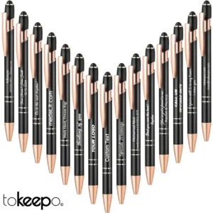 Personalized Metal Pen with custom engraving and built-in stylus, featuring sleek black design with rose gold accents
