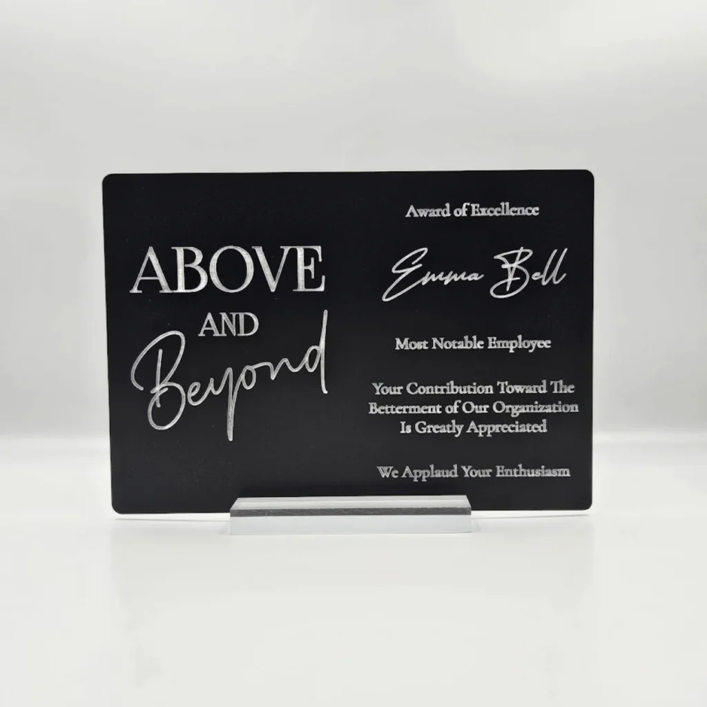 Personalized Recognition Keepsake A5 Plaque with Custom Laser Engraving on Black Surface and Transparent Base