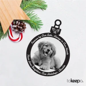 Personalized black acrylic Christmas ornament with white laser engraving, featuring custom designs and text, measuring 100x75 mm (4x3 inches).