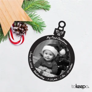 Personalized black acrylic Christmas ornament with white laser engraving, featuring custom designs and text, measuring 100x75 mm (4x3 inches).