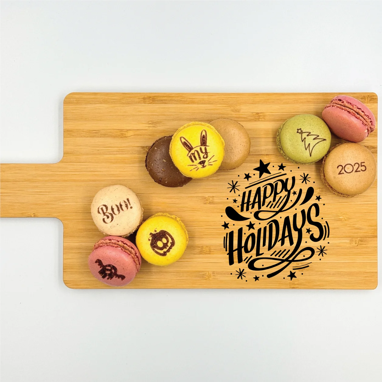 Personalized bamboo charcuterie board with engraved text and design, perfect for serving and gifting.
