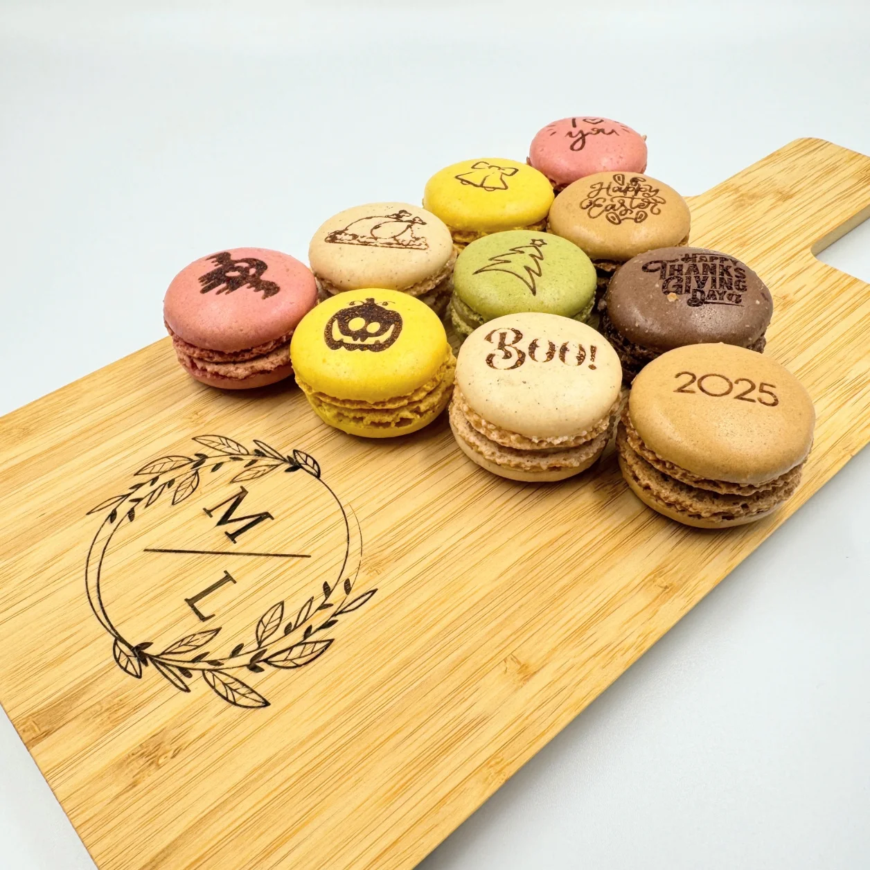 Personalized bamboo charcuterie board with engraved text and design, perfect for serving and gifting.