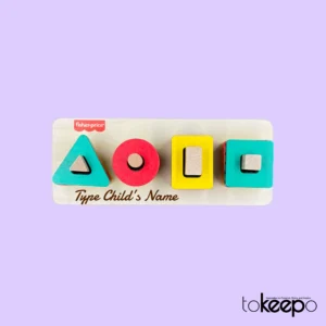 Personalized wooden stacking toy for toddlers, featuring colorful geometric shapes and an option to engrave a child's name on the base.
