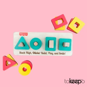 Personalized wooden stacking toy for toddlers, featuring colorful geometric shapes and an option to engrave a custom message on the base.