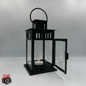 Personalized black steel and glass Ramadan lantern with Arabic calligraphy engraving on the front panel by tokeepo.