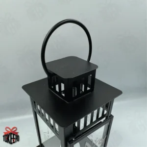 Personalized black steel and glass Ramadan lantern with Arabic calligraphy engraving on the front panel by tokeepo.