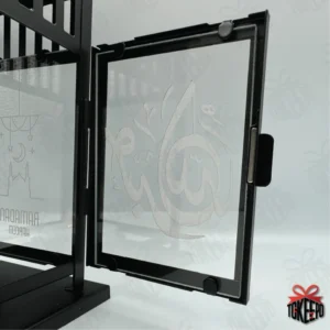 Personalized black steel and glass Ramadan lantern with Arabic calligraphy engraving on the front panel by tokeepo.