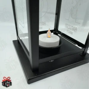 Personalized black steel and glass Ramadan lantern with Arabic calligraphy engraving on the front panel by tokeepo.