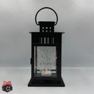 Personalized black steel and glass Ramadan lantern with Arabic calligraphy engraving on the front panel by tokeepo.