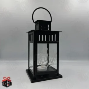 Personalized black steel and glass Ramadan lantern with Arabic calligraphy engraving on the front panel by tokeepo.